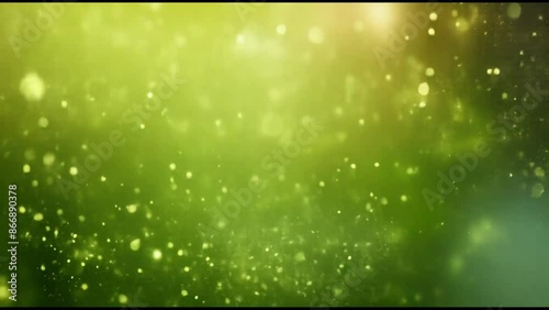 Glittering green particles, the soft light green gradient background, and the subtle sparkling effect with bright and uplifting lighting.