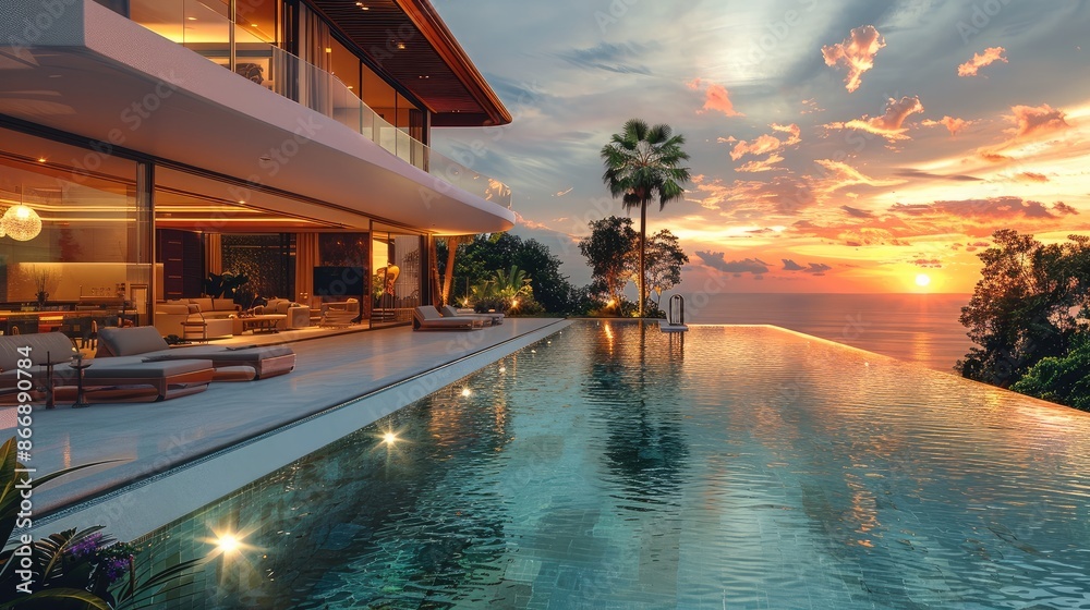 Fototapeta premium Luxury villa with pool at sunset. Generative AI.