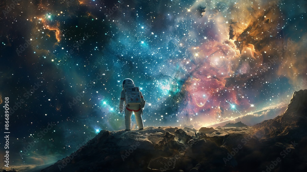 Obraz premium In vast space, a lone astronaut marvels at countless stars and galaxies, contemplating the universe's mysteries amid silent beauty, balancing wonder with isolation.