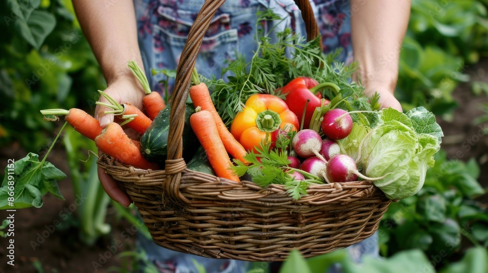 Fototapeta premium Basket with vegetables (cabbage, carrots, cucumbers, radish and peppers) in the hands of a farmer background of nature Concept of biological, bio products, bio ecology, grown by yourself, vegetarians