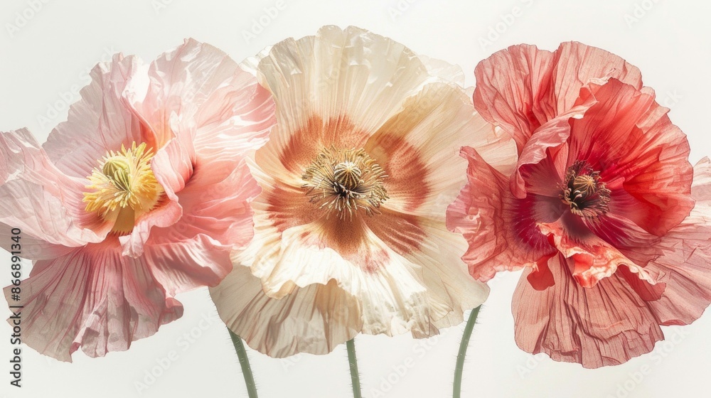 Close-up photo of three poppies with shades of pink, red, and cream. Delicate petals and intricate centers in soft light evoke serenity and beauty Close-up photo of three poppies with shades of pink, red, and cream. Delicate petals and intricate centers in soft light evoke serenity and beauty