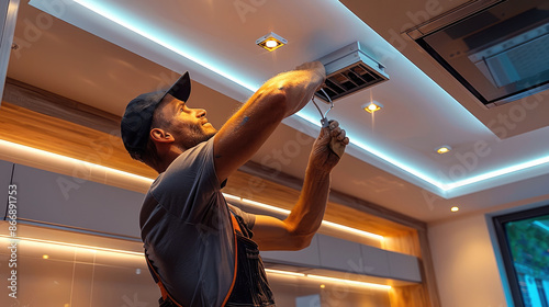 A man installing ceiling lights in modern kitchen. Generative AI.