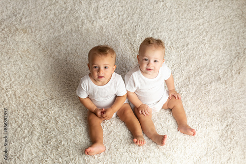 twin boys sitter. twin brothers at the age of one year old photo