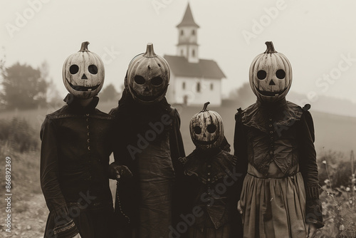 black and white vintage photo of horror, a family of four wearing halloween pumpkin masks, small church in the background.