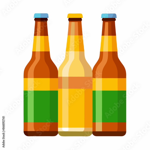 Three bottles of beer in a row on white background