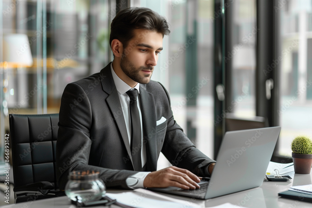 Fototapeta premium businessman in a well-fitted suit, sitting at a modern office desk, typing on a laptop. The setting includes a clean, organized desk with minimalistic office supplies and a large w