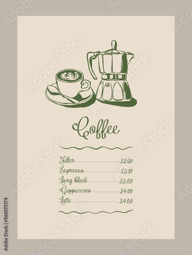Minimal hand drawn vector coffee illustration with aesthetic quote in a poster frame. Art for greeting cards, wedding invitations, postcards, branding, logo design. Matisse style illustrations.	
