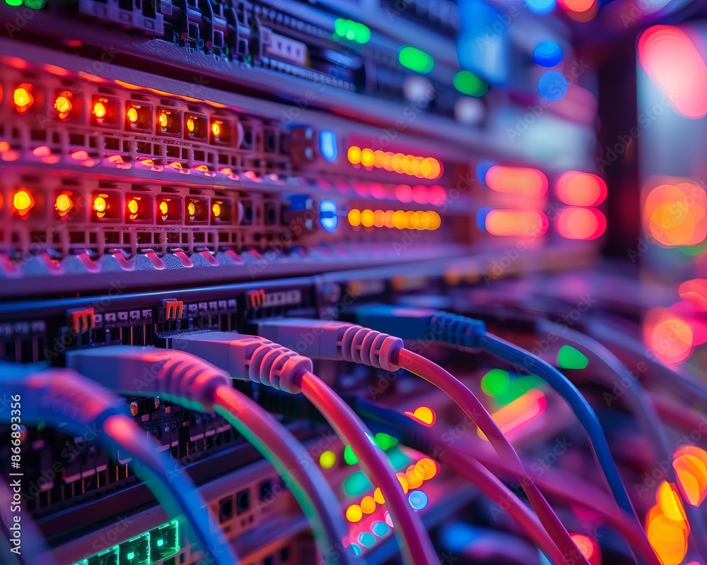 Professional IT setup featuring an array of powerful servers, a complex network of colorcoded cables, and highspeed routers, illustrating the heart of business networking Professional IT setup featuring an array of powerful servers, a complex network of colorcoded cables, and highspeed routers, illustrating the heart of business networking