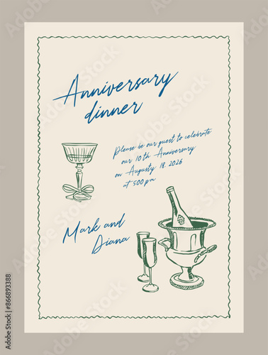 Anniversary dinner invitation template. Matisse style beverage illustrations.	