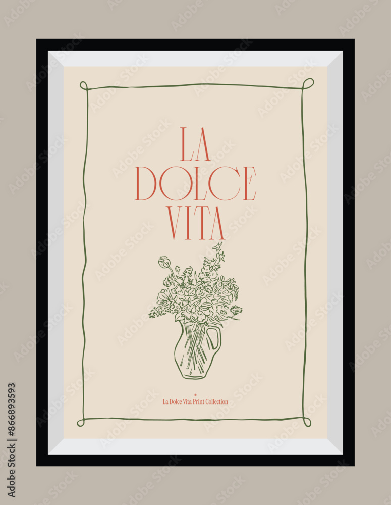 Minimal hand drawn vector dolce vita illustration with aesthetic quote in a poster frame. Art for greeting cards, wedding invitations, postcards, branding, logo design. Matisse style illustrations.	