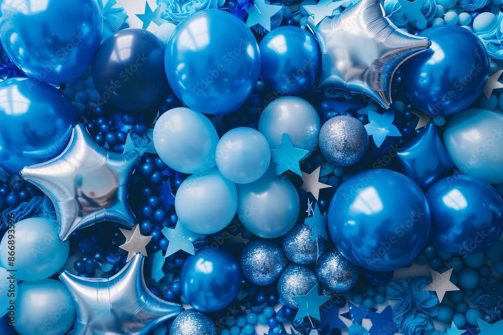 Fototapeta premium dazzling blue glittery balloon backdrop specifically designed for a boy's birthday party. The backdrop is filled with an array of blue balloons in various hues and sizes, creating