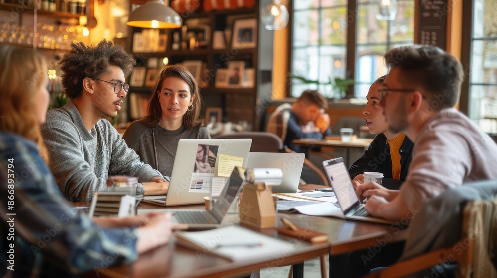 group of entrepreneurs discussing business strategies in a cozy caf?(C), with laptops and notebooks on the table group of entrepreneurs discussing business strategies in a cozy caf?(C), with laptops and notebooks on the table