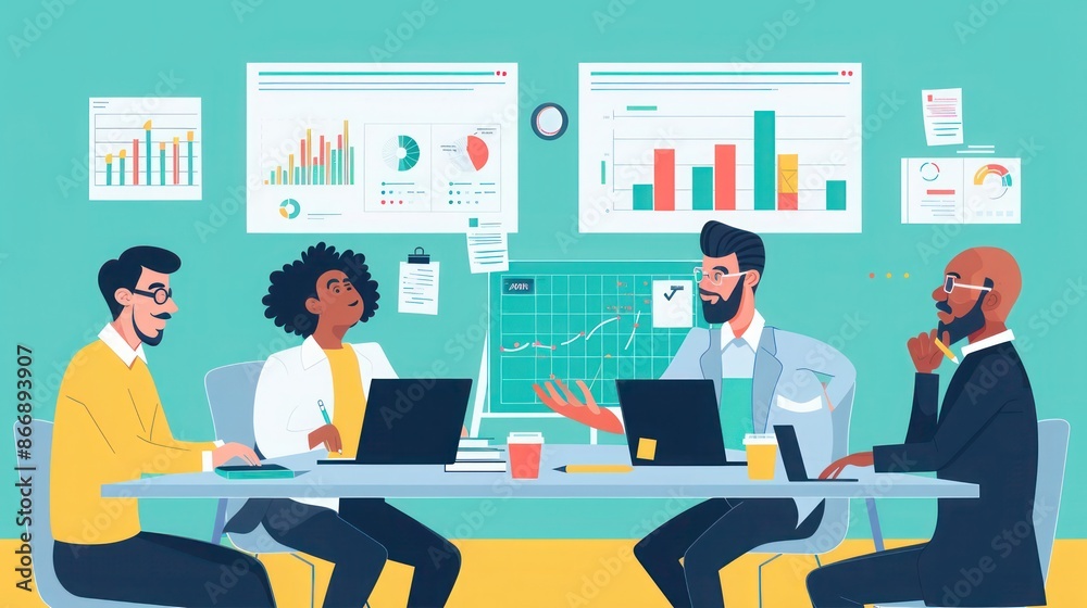 group of entrepreneurs brainstorming marketing strategies around a table filled with charts and laptops group of entrepreneurs brainstorming marketing strategies around a table filled with charts and laptops