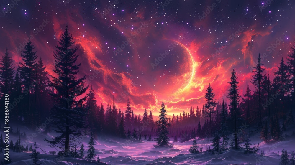 Winter forest under a vibrant pink and purple sky with crescent moon, fantasy landscape. Enchanted wilderness and celestial dreamscape concept. Winter forest under a vibrant pink and purple sky with crescent moon, fantasy landscape. Enchanted wilderness and celestial dreamscape concept.