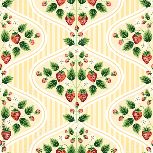 Cottage Core Garden Strawberries, Ogees and Stripes Vector Seamless Pattern. Vintage Feed Sack Backdrop With Nostalgic Retro Design. Fresh Summer Fruit Background