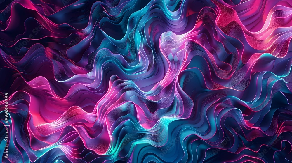 Obraz premium Abstract Flowing Waves Background. Vibrant Neon Colors of Pink, Blue, and Purple. Ideal for Digital Art, Website Background, or Wallpaper.