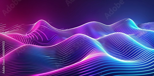 Abstract glowing neon lines forming a dynamic wave pattern. vibrant pink and blue colors. perfect for technology, music, or futuristic designs.