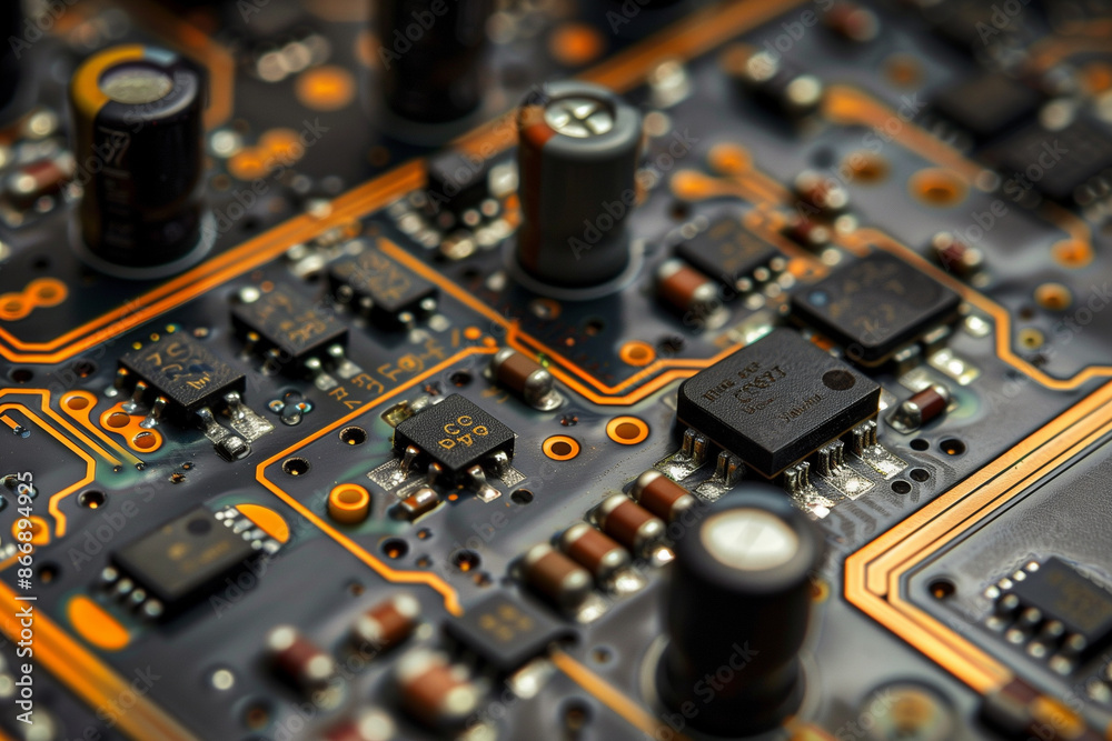 macro shot of a circuit board, focusing on the microchips and resistors. The close-up view reveals the fine details of the components, including the soldering and circuit pathways, macro shot of a circuit board, focusing on the microchips and resistors. The close-up view reveals the fine details of the components, including the soldering and circuit pathways,