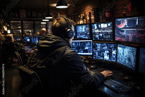 Operator focused on safety monitors, dark environment, cameras display empty areas., generative IA photo