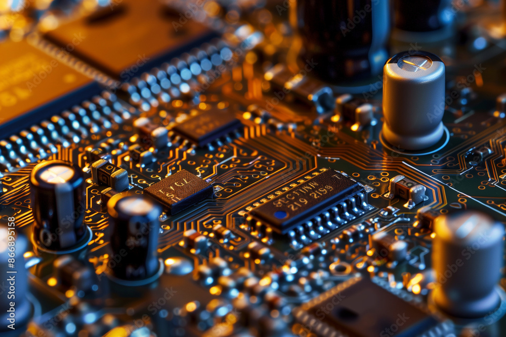 macro shot of a circuit board, focusing on the microchips and resistors. The close-up view reveals the fine details of the components, including the soldering and circuit pathways, macro shot of a circuit board, focusing on the microchips and resistors. The close-up view reveals the fine details of the components, including the soldering and circuit pathways,