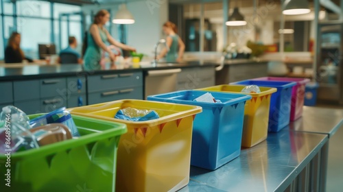 companya??s recycling program with employees sorting waste into color-coded bins in an office kitchen photo