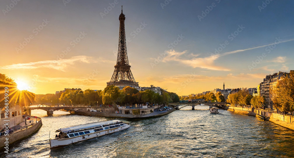 Obraz premium Paris Eiffel Tower and river Seine at sunset in Paris