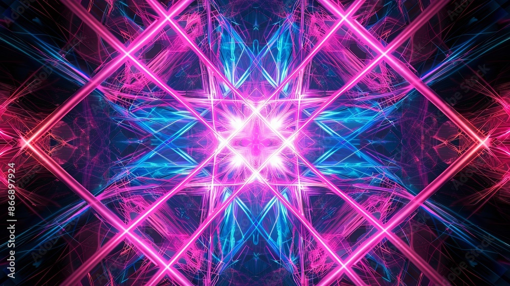 Vivid pink and blue neon lights forming a symmetrical, geometric pattern. Perfect for backgrounds, overlays, and designs related to music, technology, and the metaverse. Vivid pink and blue neon lights forming a symmetrical, geometric pattern. Perfect for backgrounds, overlays, and designs related to music, technology, and the metaverse.