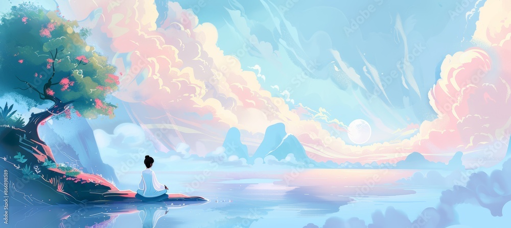 Serene Meditation Retreat Banner with Calming Landscape and Tranquil Settings for Event Promotion Serene Meditation Retreat Banner with Calming Landscape and Tranquil Settings for Event Promotion