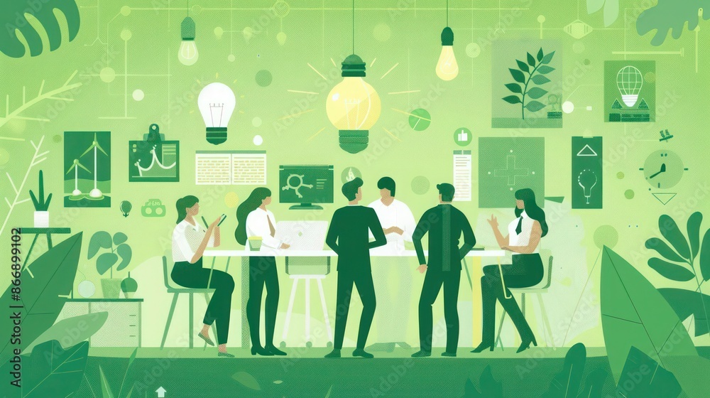team of professionals brainstorming ideas for reducing the companya??s carbon footprint, surrounded by green office decor team of professionals brainstorming ideas for reducing the companya??s carbon footprint, surrounded by green office decor