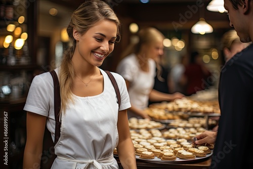 Customer chooses between gourmet pies in cozy confectionery., generative IA