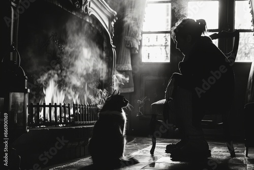 Embracing Tranquility: Black and White Photo of a Person and Pet by the Fireplace for Cozy Winter Designs