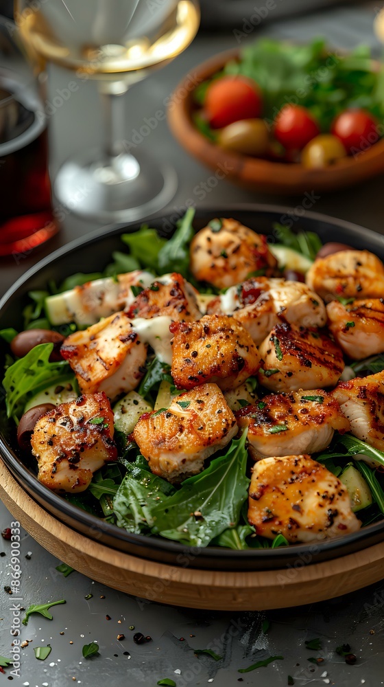Delicious close-up of a grilled chicken salad with mixed greens and a glass of wine, perfect for food photography, culinary blogs, and recipe illustrations. Ideal for posters, cookbooks Delicious close-up of a grilled chicken salad with mixed greens and a glass of wine, perfect for food photography, culinary blogs, and recipe illustrations. Ideal for posters, cookbooks