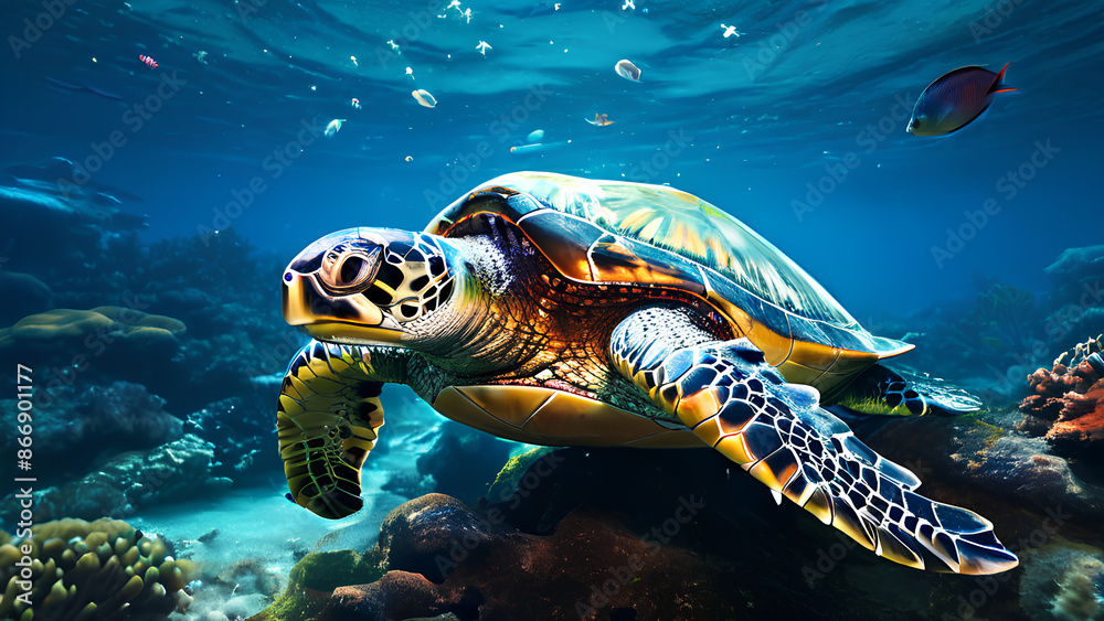 Obraz premium A sea turtle struggles in a polluted ocean