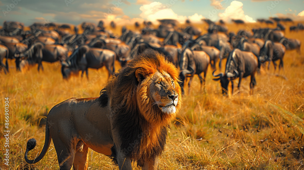 Naklejka premium Many lions and wildebeests are standing in the grassy plain. Generative AI.
