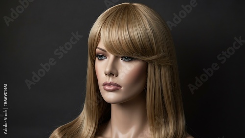 realistic photography of a dark blonde long hair wig i background