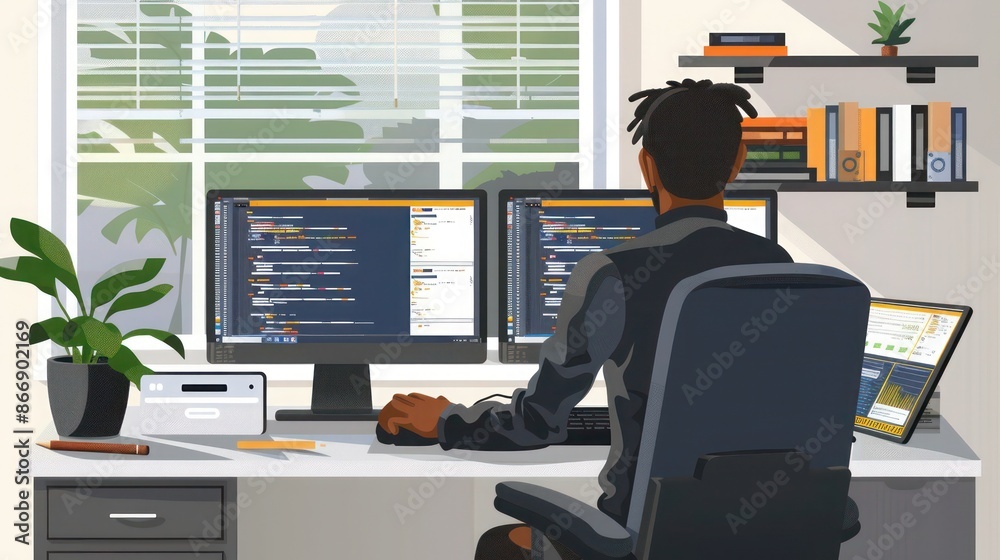 Fototapeta premium remote worker using a desktop computer with dual monitors, working on coding projects in a tidy home office