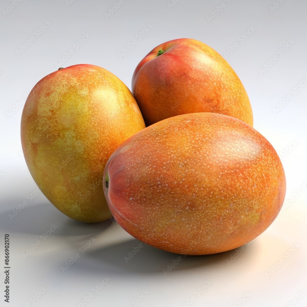 Three ripe mangoes with a mix of orange and yellow hues, displaying their natural texture and rich color. 3D Render. Three ripe mangoes with a mix of orange and yellow hues, displaying their natural texture and rich color. 3D Render.