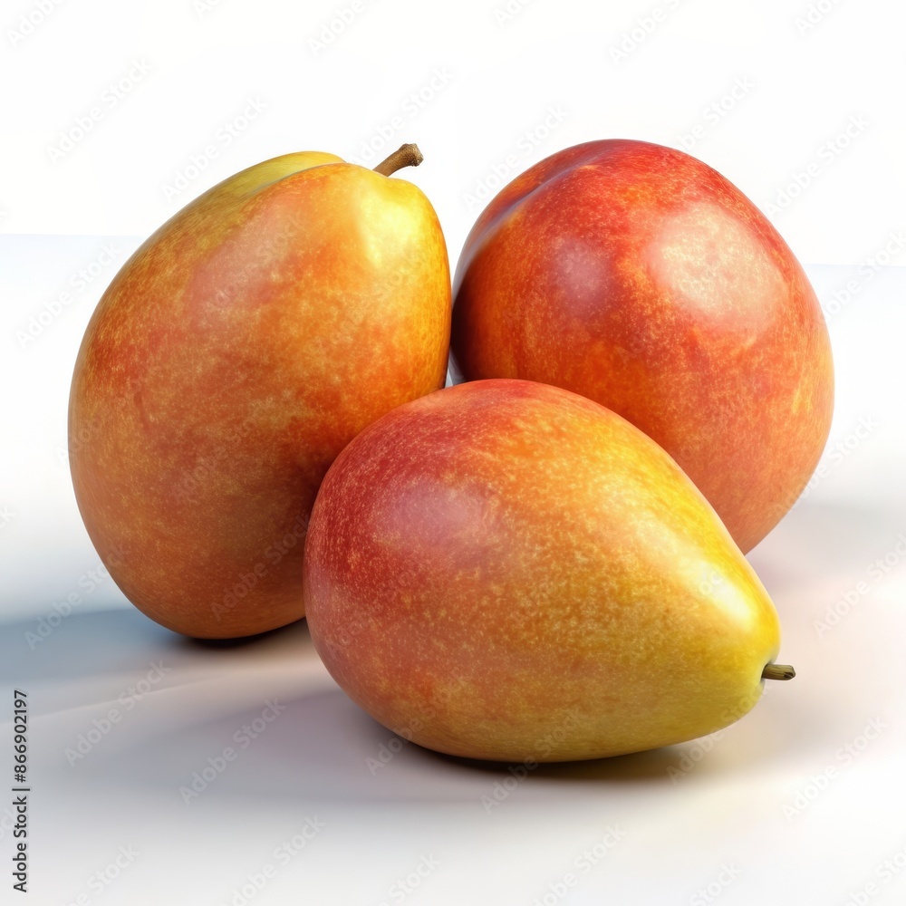 Three ripe mangoes with vibrant shades of red and yellow, showcasing their smooth skin and natural texture. 3D Render. Three ripe mangoes with vibrant shades of red and yellow, showcasing their smooth skin and natural texture. 3D Render.