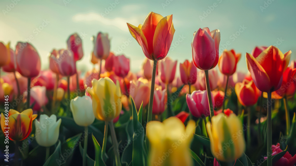 Obraz premium Landscape with tulip fields. Beautiful tulips close up against the blue sky