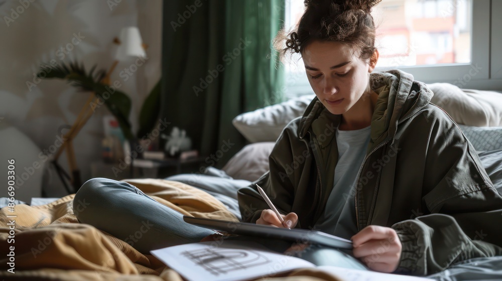 young professional using a tablet to sketch designs while sitting on a comfortable bed young professional using a tablet to sketch designs while sitting on a comfortable bed