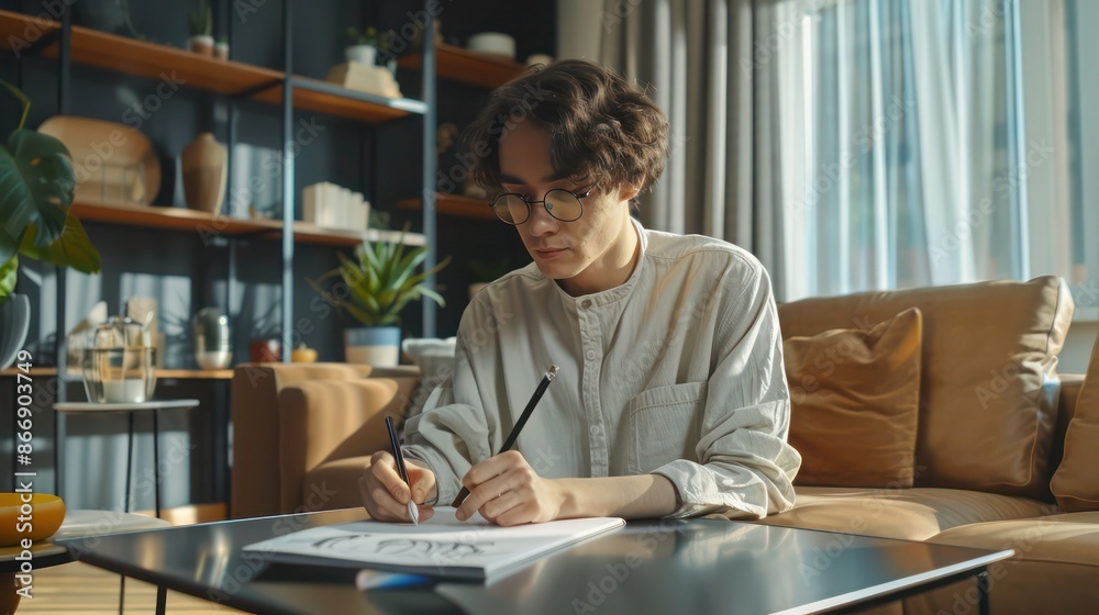 young professional using a tablet to create a digital illustration while sitting in a modern, minimalist living room young professional using a tablet to create a digital illustration while sitting in a modern, minimalist living room
