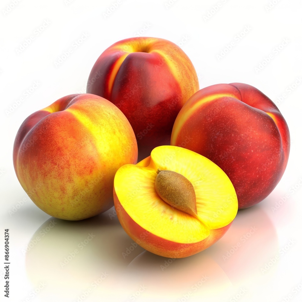 Fresh whole and sliced peaches with vibrant red and yellow skin, showcasing juicy interior and detailed textures. 3D Render. Fresh whole and sliced peaches with vibrant red and yellow skin, showcasing juicy interior and detailed textures. 3D Render.