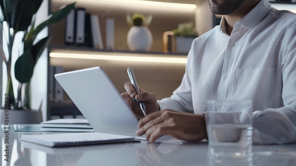 young professional using a tablet to take notes during a virtual seminar, sitting at a clean, minimalist desk young professional using a tablet to take notes during a virtual seminar, sitting at a clean, minimalist desk