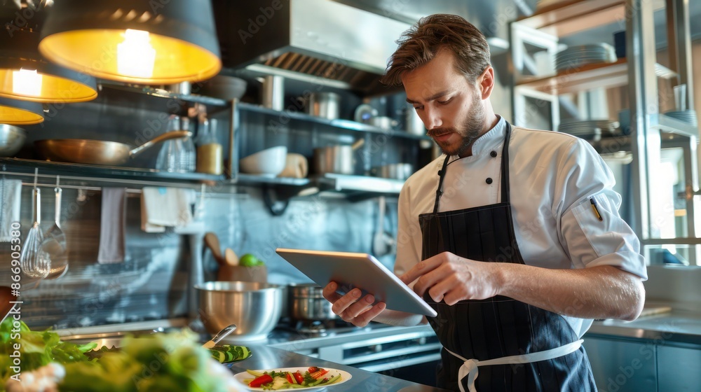 young professional using a tablet to follow a recipe while cooking in a modern kitchen young professional using a tablet to follow a recipe while cooking in a modern kitchen