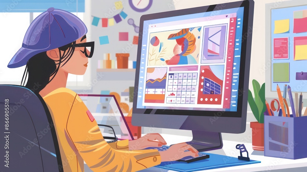 young professional using a desktop computer to work on graphic design projects, with creative tools and gadgets around them young professional using a desktop computer to work on graphic design projects, with creative tools and gadgets around them