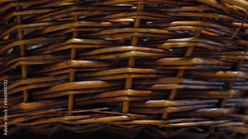 Texture of a wicker basket made of varnished rattan, close-up