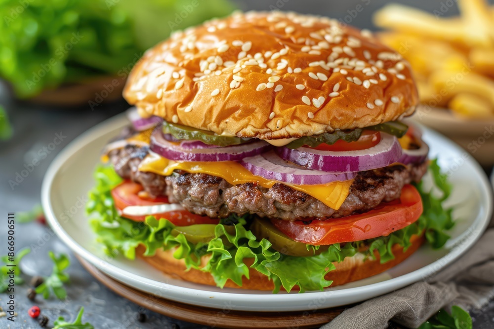 Layered juicy double cheeseburger with fresh lettuce, tomatoes, onions, pickles and melted cheese on white plate, gourmet fast food, restaurant menu Layered juicy double cheeseburger with fresh lettuce, tomatoes, onions, pickles and melted cheese on white plate, gourmet fast food, restaurant menu