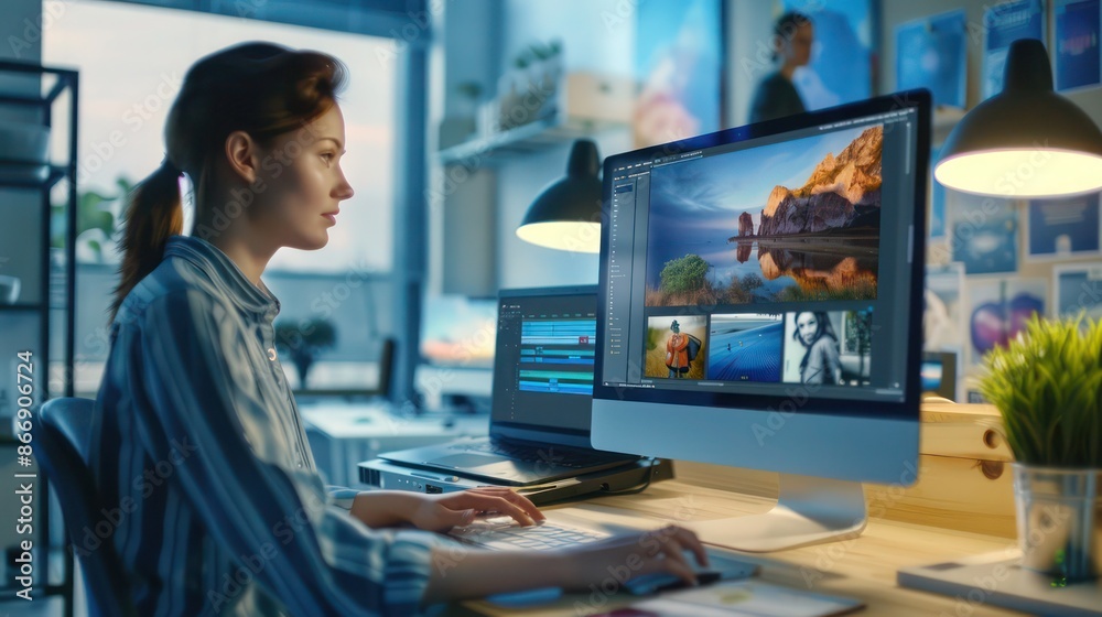 young professional using a desktop computer to edit photos in a bright, creative studio young professional using a desktop computer to edit photos in a bright, creative studio