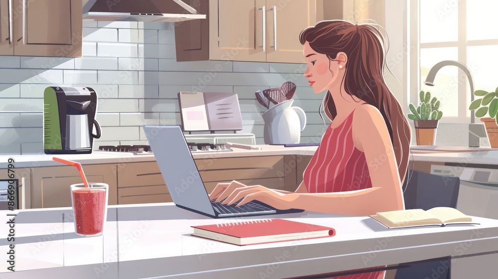 woman working on a laptop in a modern kitchen, with a smoothie and a notebook on the counter woman working on a laptop in a modern kitchen, with a smoothie and a notebook on the counter