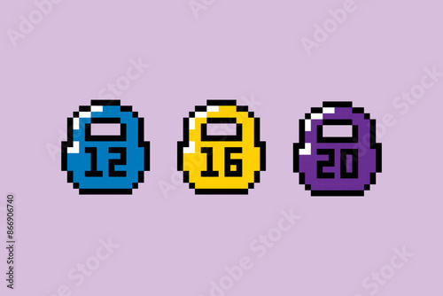 Kettlebell weights with different weight in pixel art. Icons set. Creative concept of sport and recreation for healthy life style. Colorful Y2k trendy playful pixelated sticker. Mood of 90's aesthetic